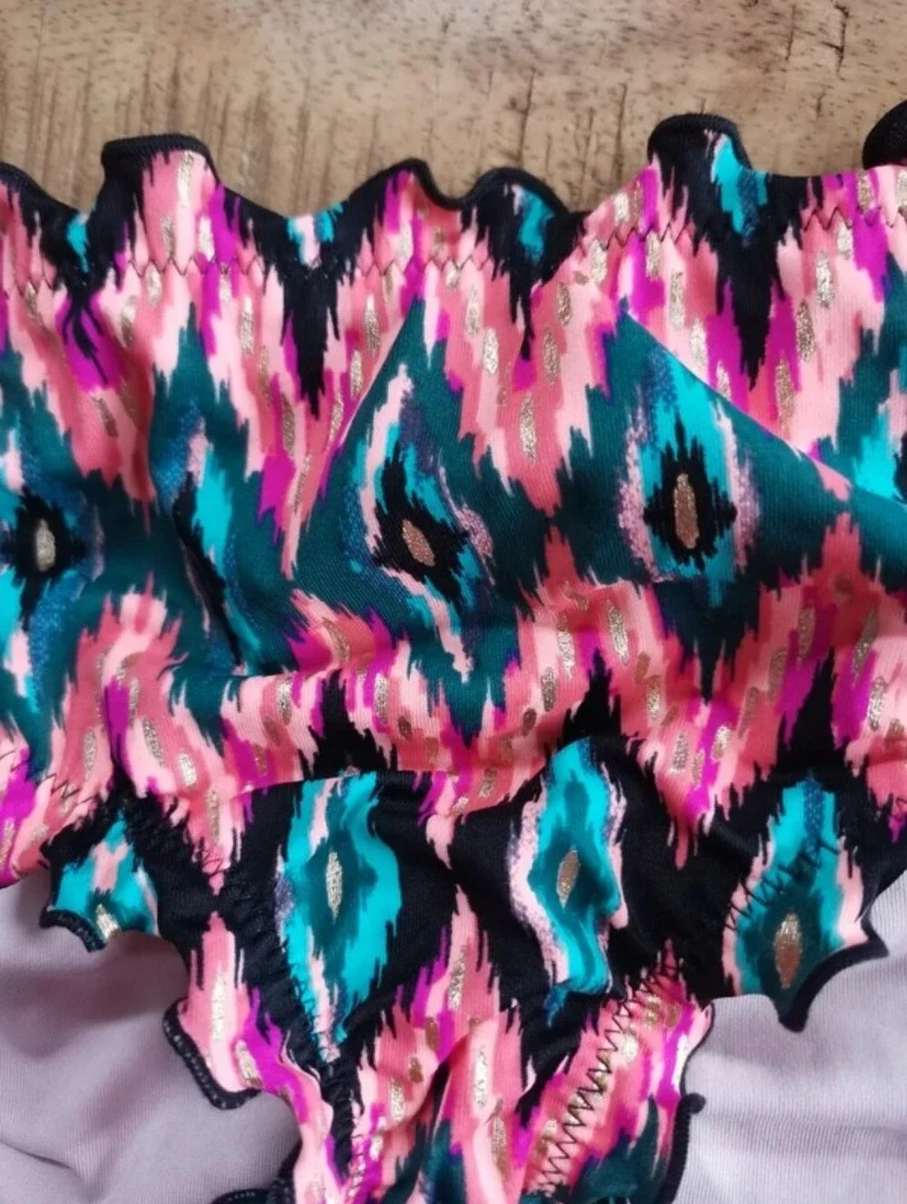 Shade & Shore Teal and Pink Ikat Ruffle Bikini Set